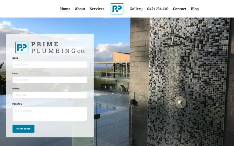 Prime Plumbing Co. contact form and outdoor shower area.