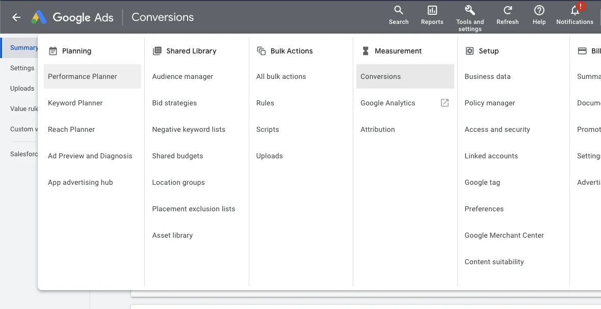 Google Ads interface showing planning and measurement options.