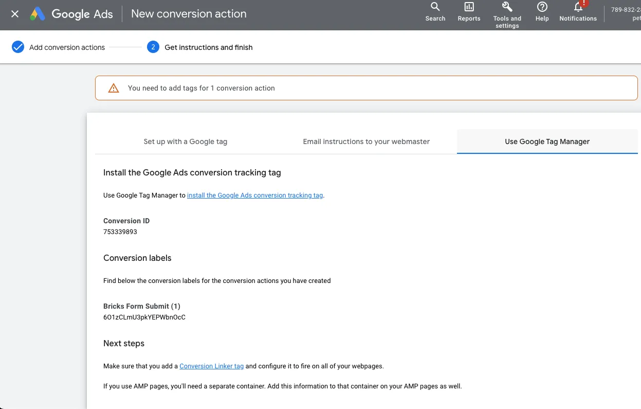 Google Ads conversion tracking setup page.