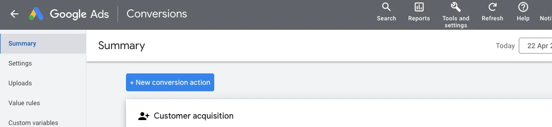 Google Ads conversions summary interface screenshot