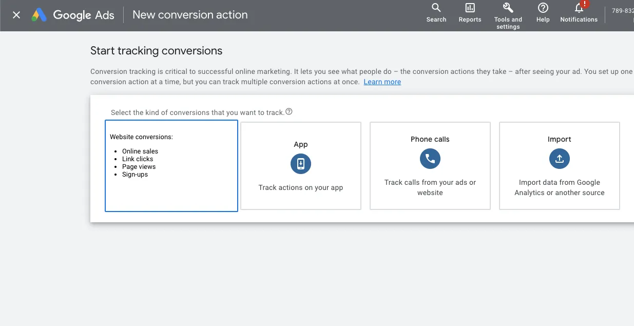 Google Ads interface for tracking conversions options.