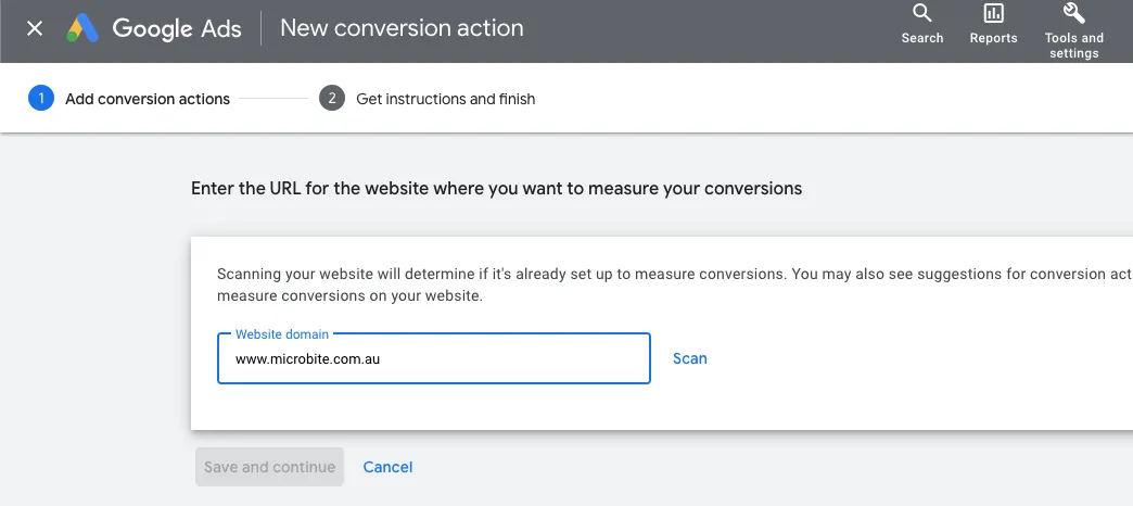 Google Ads conversion setup screen for website tracking.