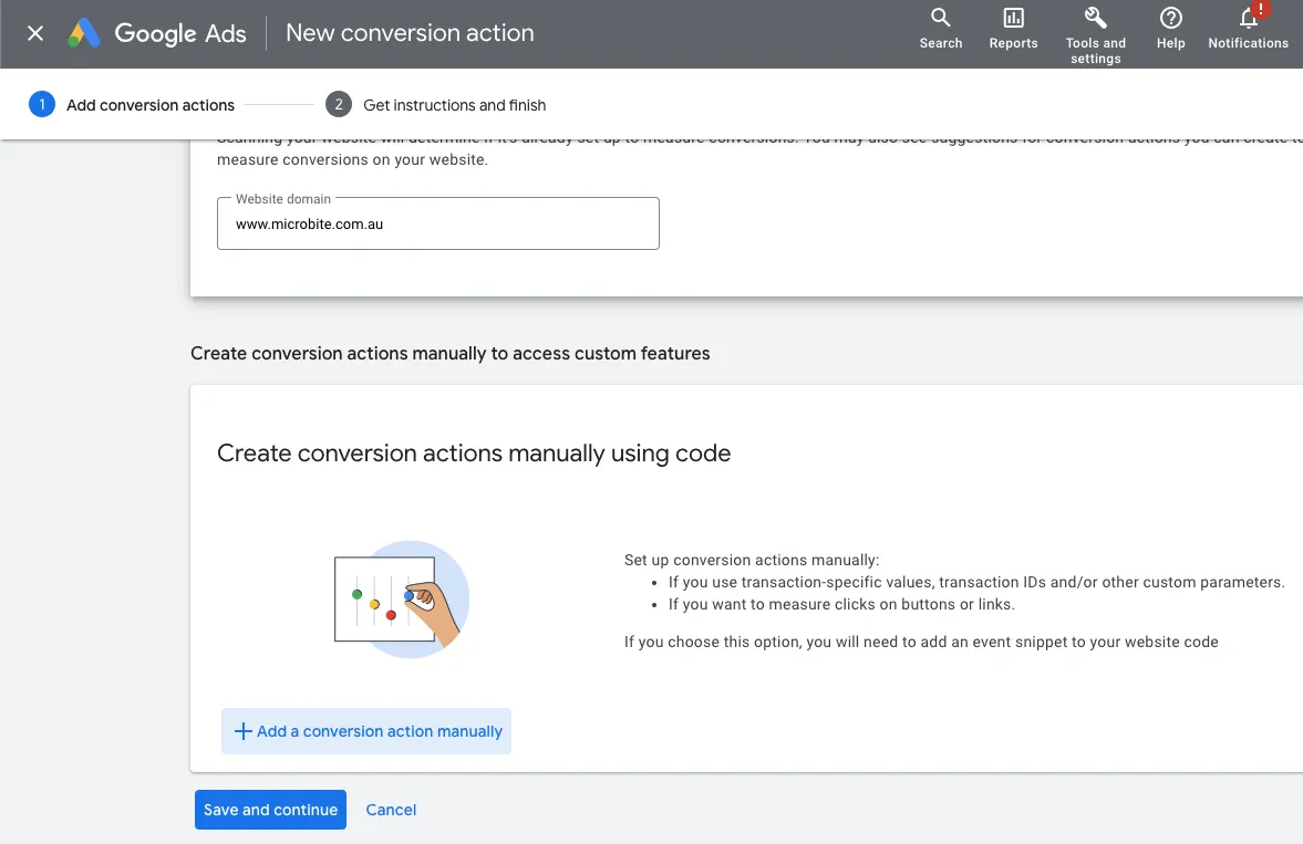 Google Ads interface for creating conversion actions.