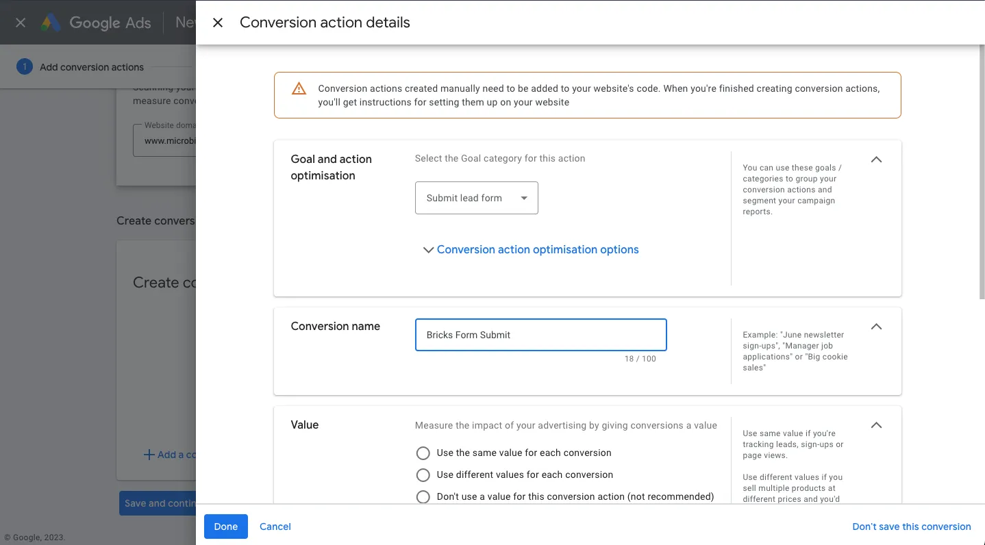 Google Ads conversion action details screen