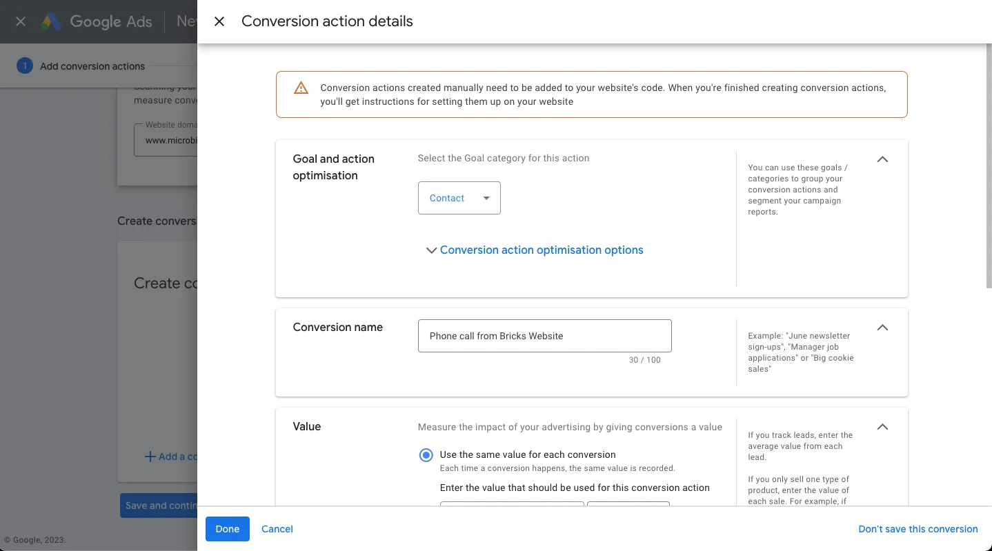 Google Ads conversion action setup screen for phone call