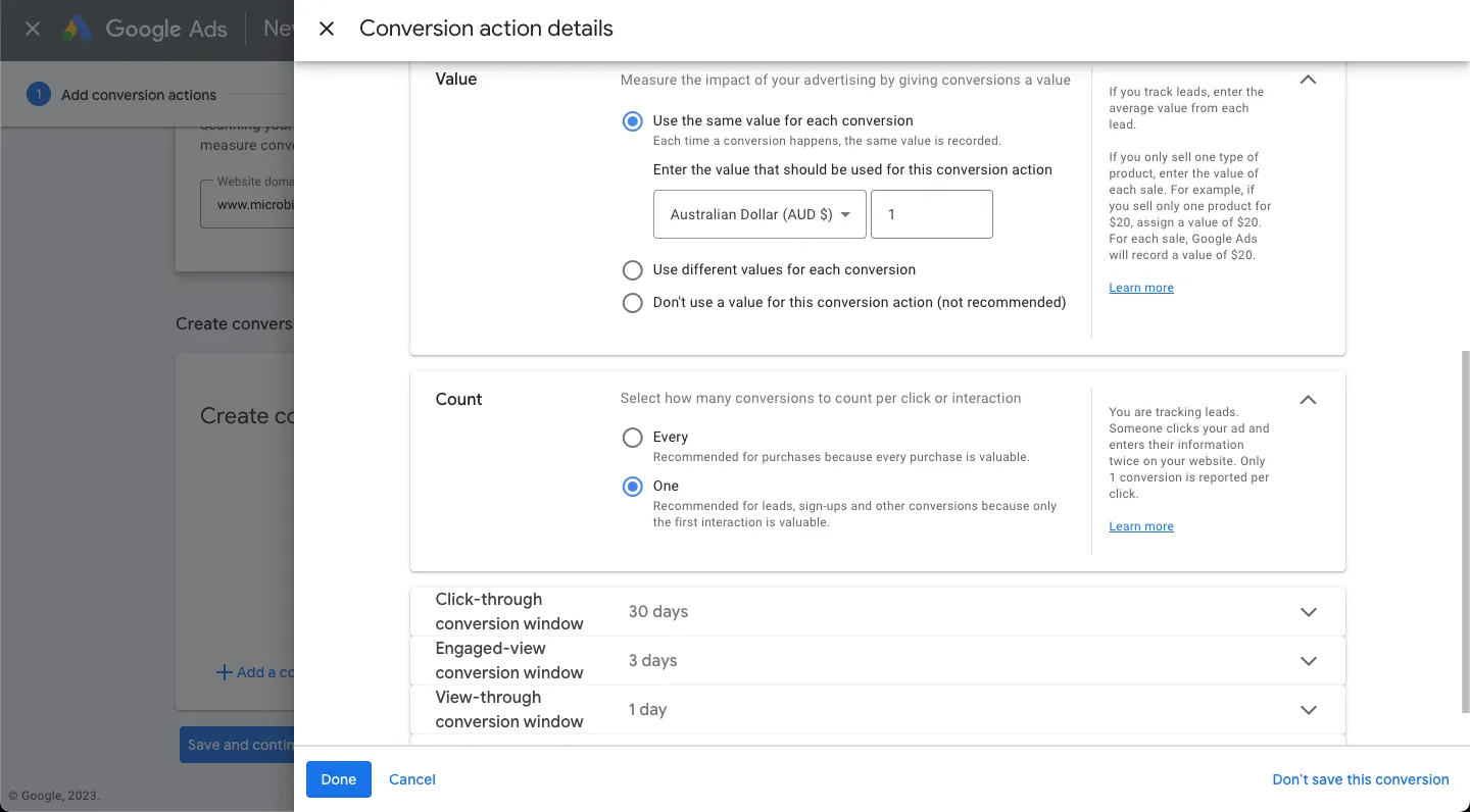 Google Ads conversion action settings interface.