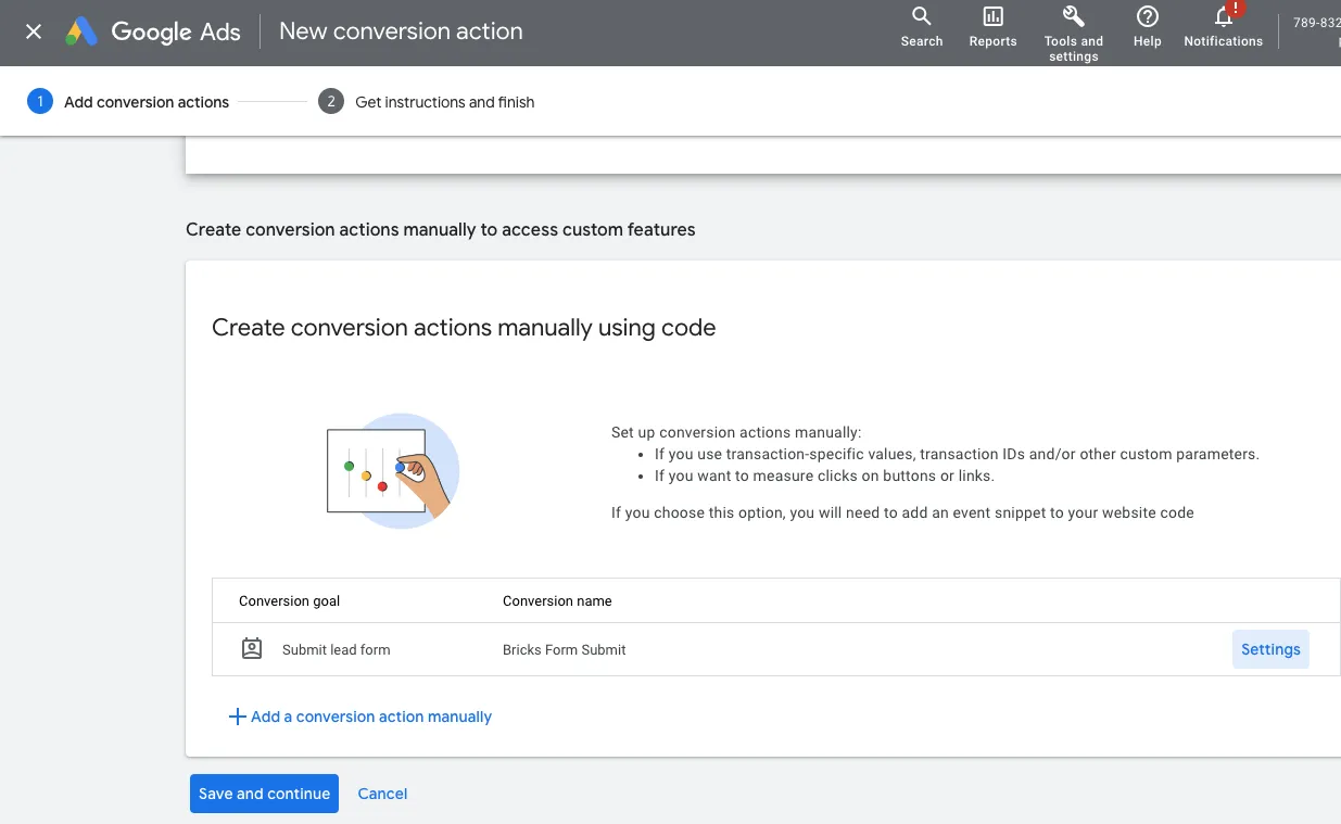 Google Ads conversion action setup page screen.