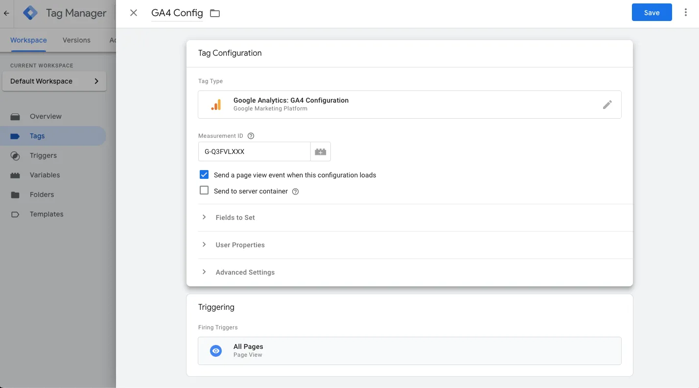 Google Tag Manager GA4 configuration setup screen.