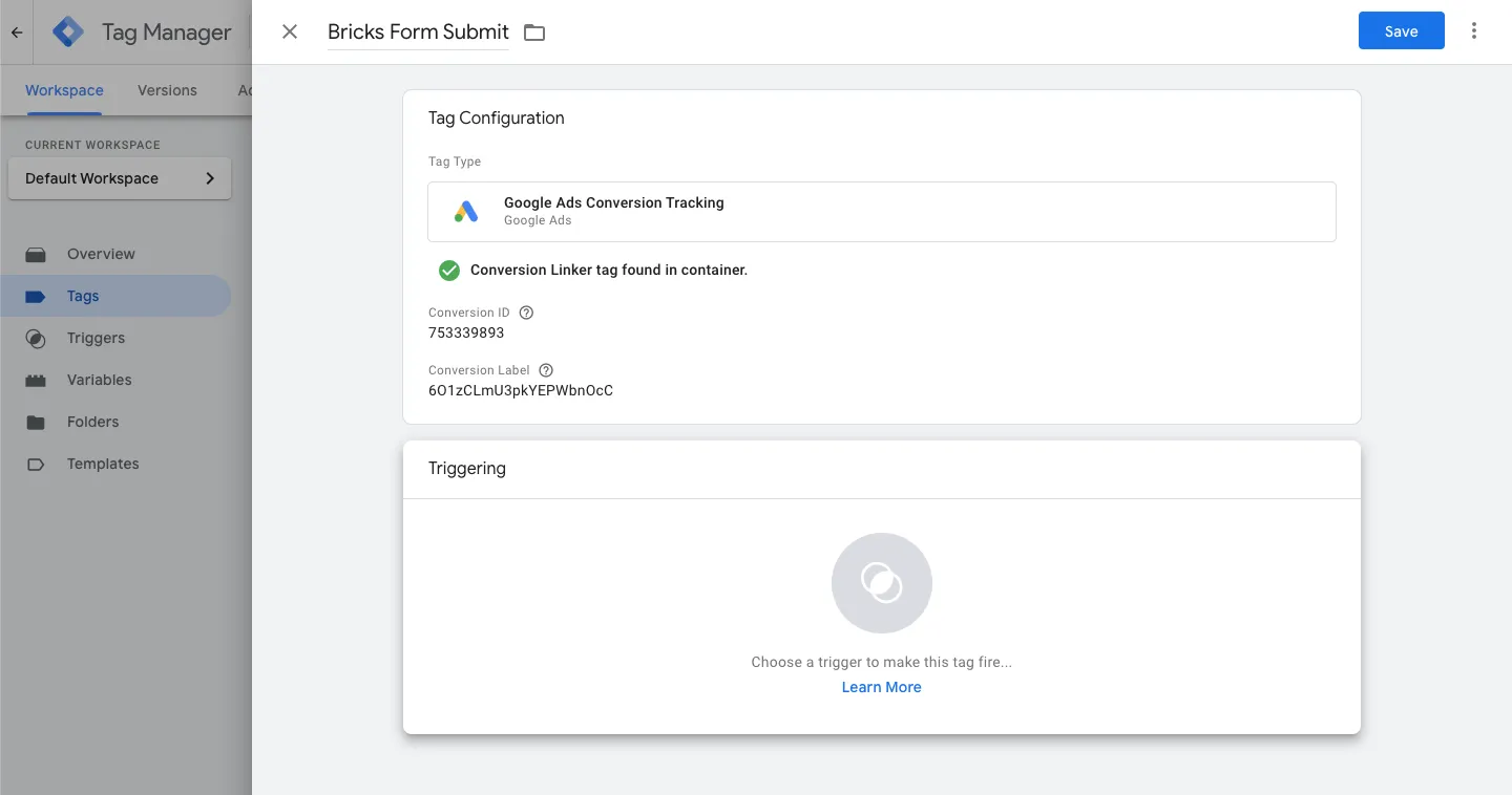 Google Tag Manager conversion tracking setup screen.