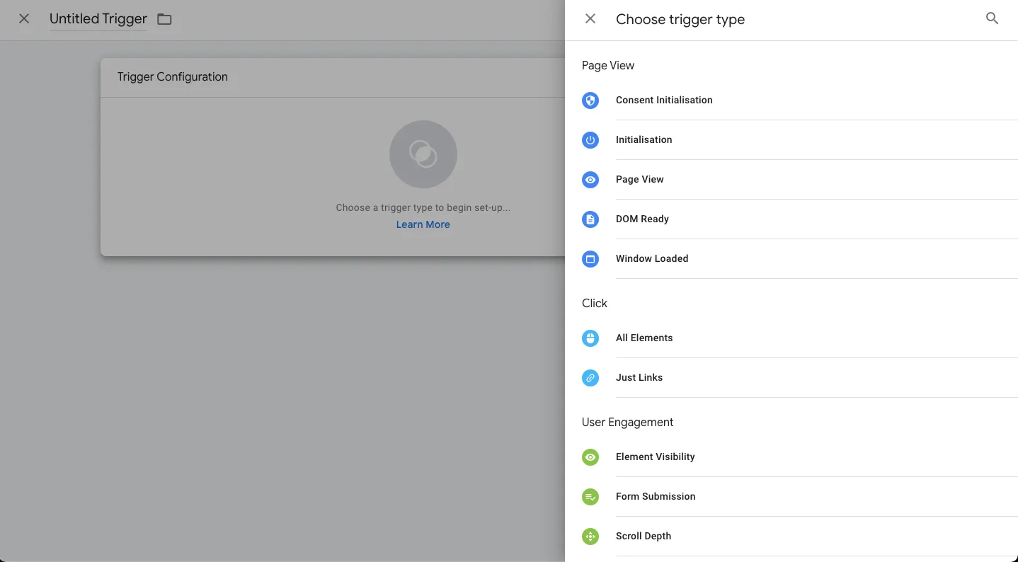 Google Tag Manager trigger selection menu interface.