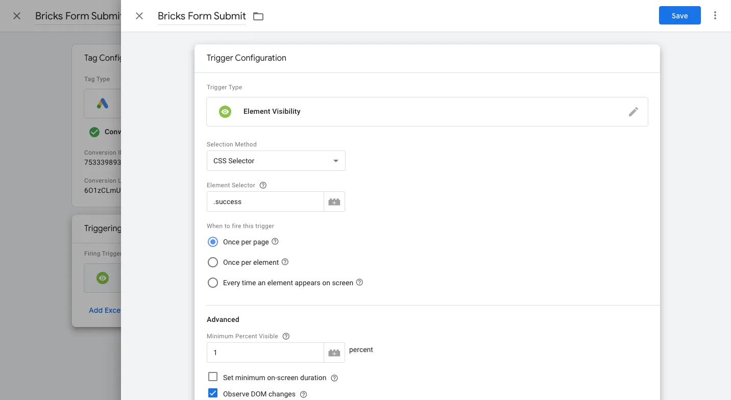Trigger configuration for Bricks form submission