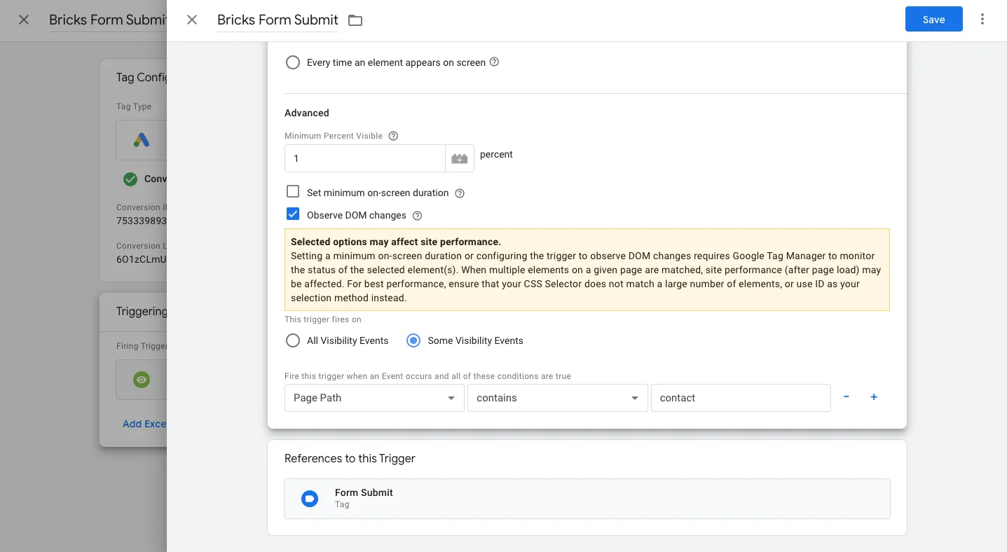 Google Tag Manager form submission trigger settings screen.