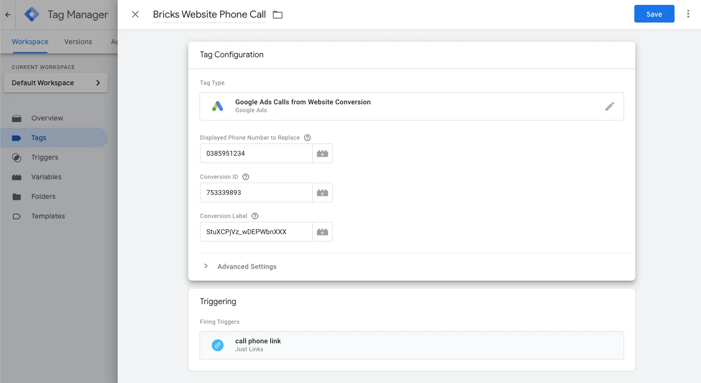 Google Ads call conversion setup in Tag Manager