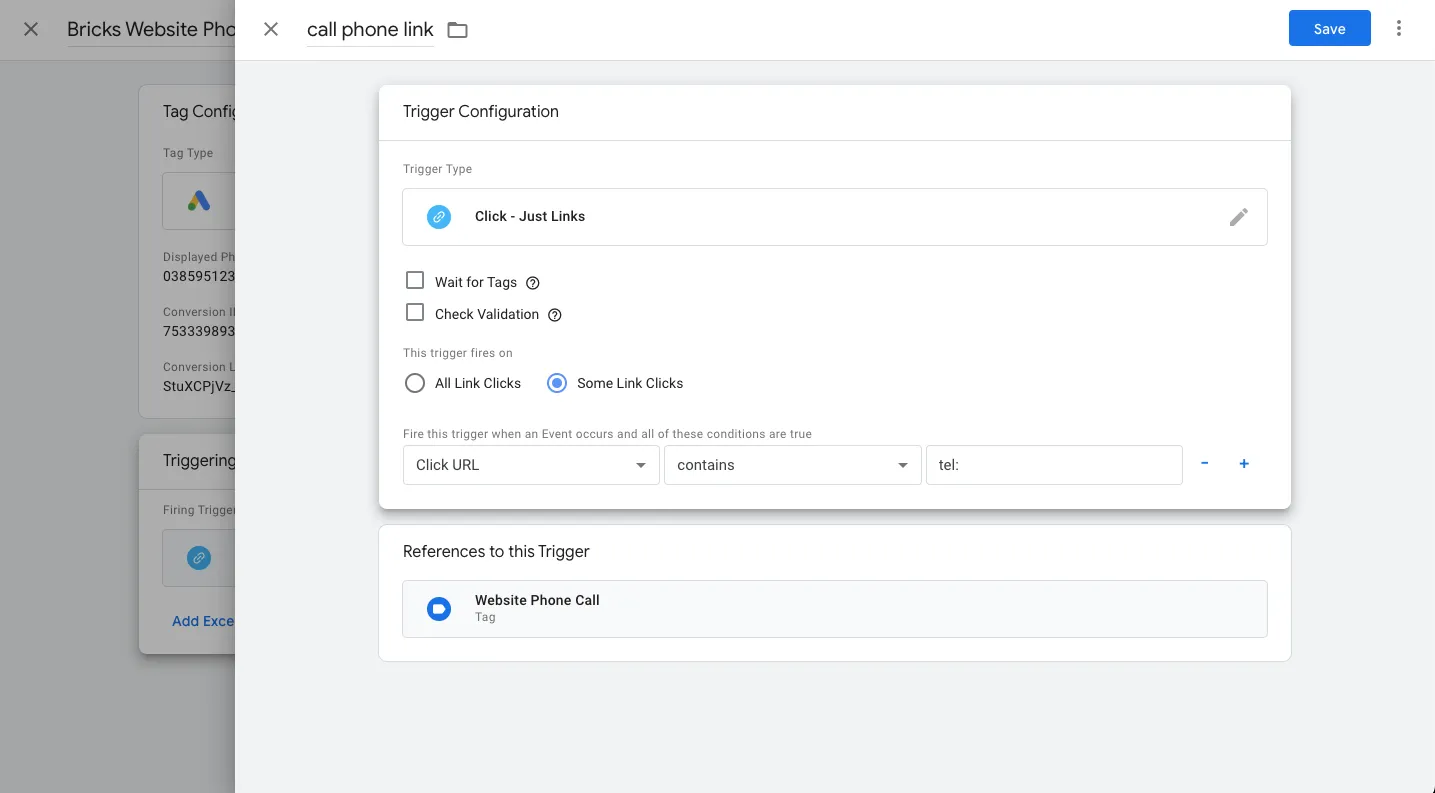 Trigger setup for phone call link tracking