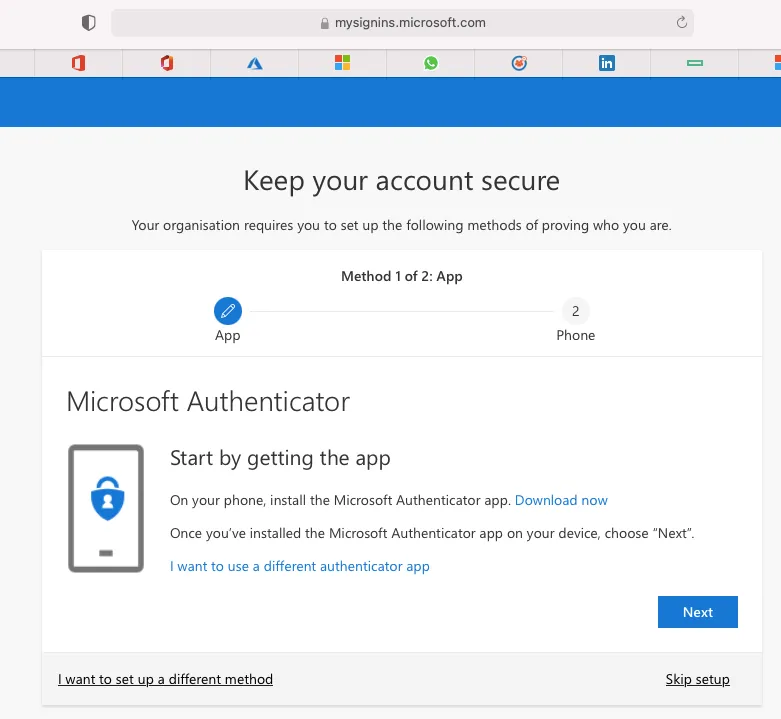 Microsoft Authenticator setup instructions screen.
