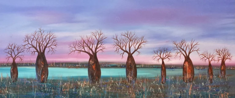 Baobab trees in colorful sunset landscape.