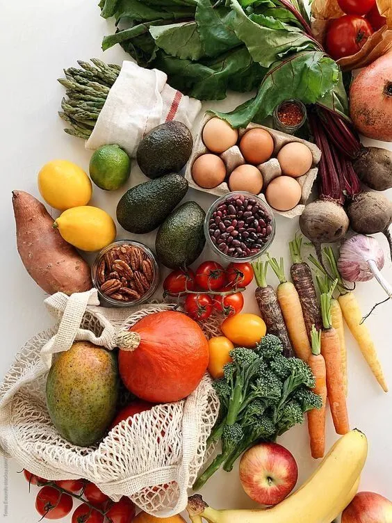 Variety of fresh fruits and vegetables on display.