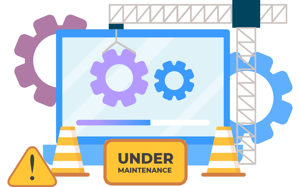 Website undergoing maintenance with gears and cones.