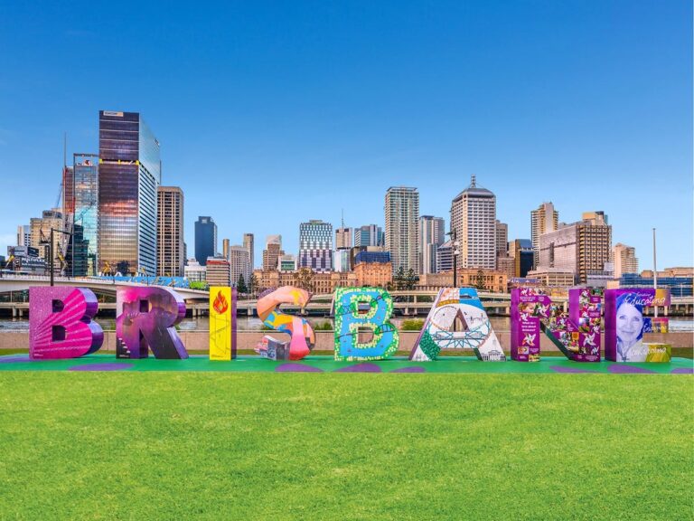 Brisbane cityscape with colorful landmark letters.