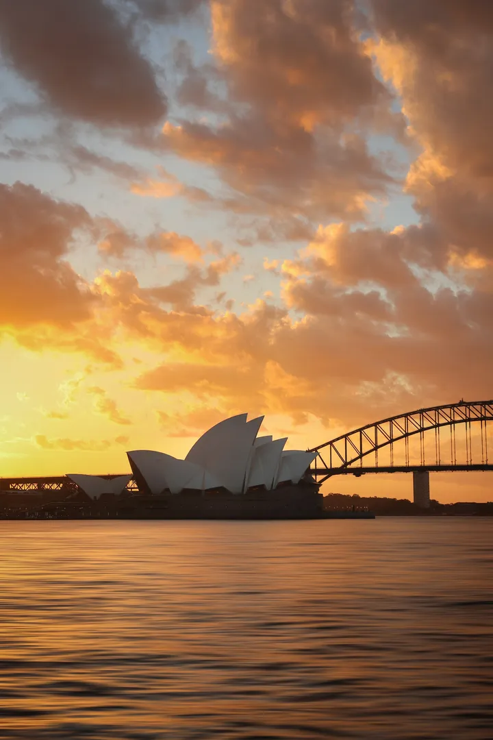 Sydney Opera House and Harbor Bridge at sunset.