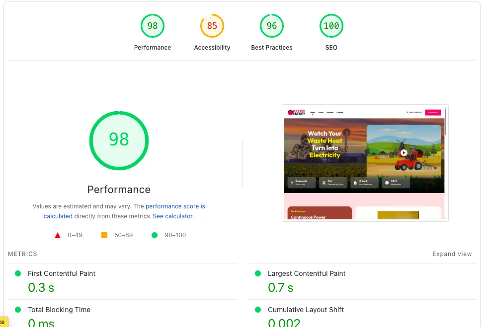 Website performance report with high scores displayed.